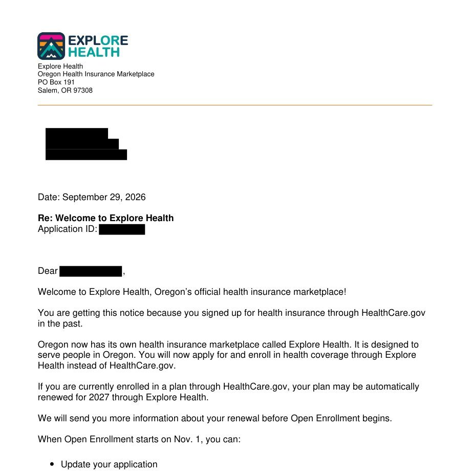 Redacted example of an official Explore Health welcome notice